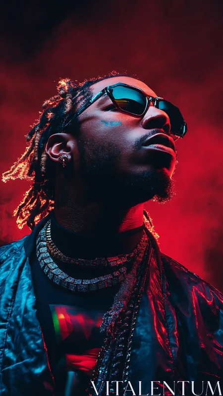Neon-lit hip-hop portrait with intense red backlight glow.