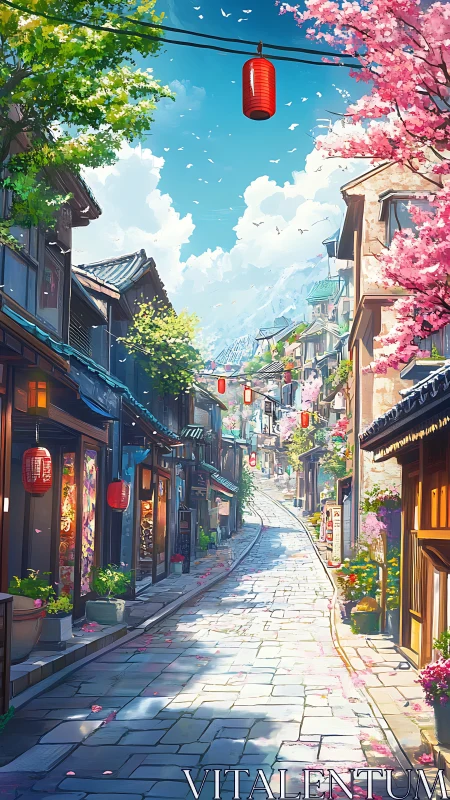 Spring-lit Japanese street ascending under lanterns.