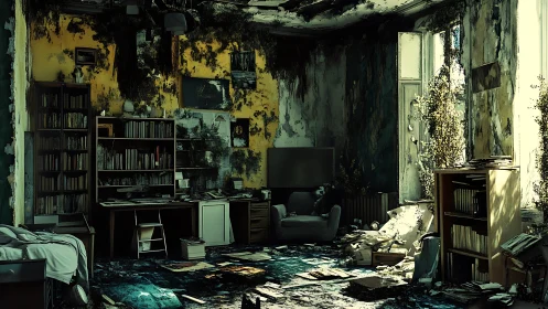 Library of ruins where sunlight sifts through quiet chaos.