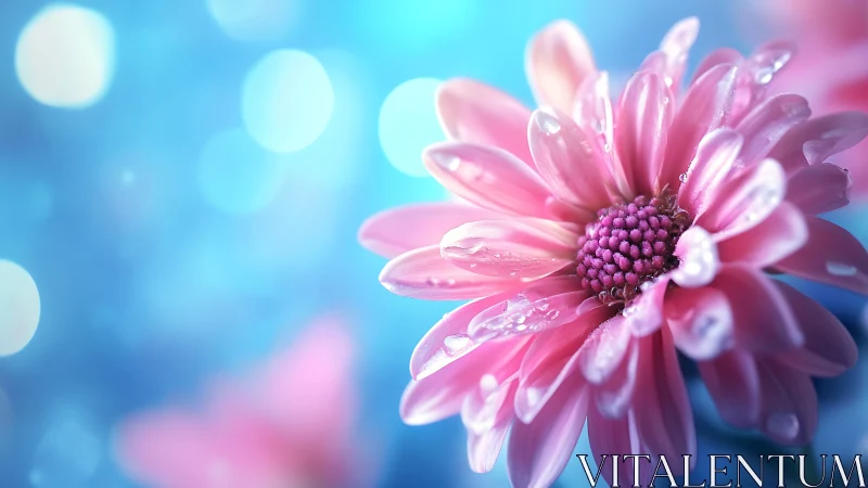 Pink Gerbera Daisy with Water Droplets on Blue Background.