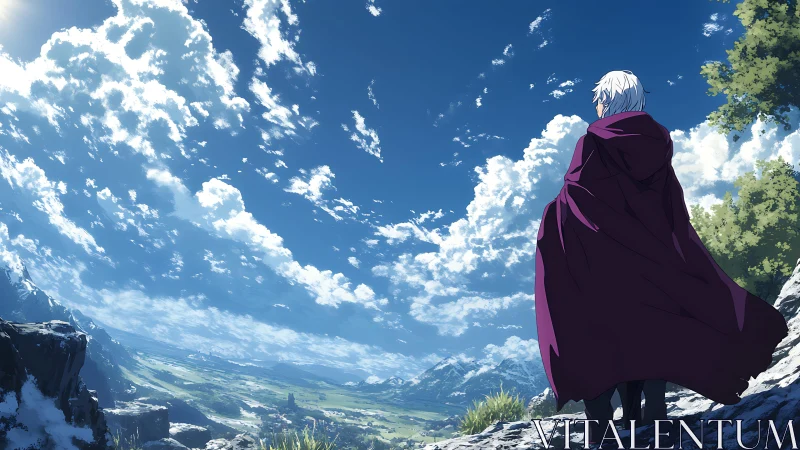 Wanderer in crimson cloak contemplates vast sunlit valley