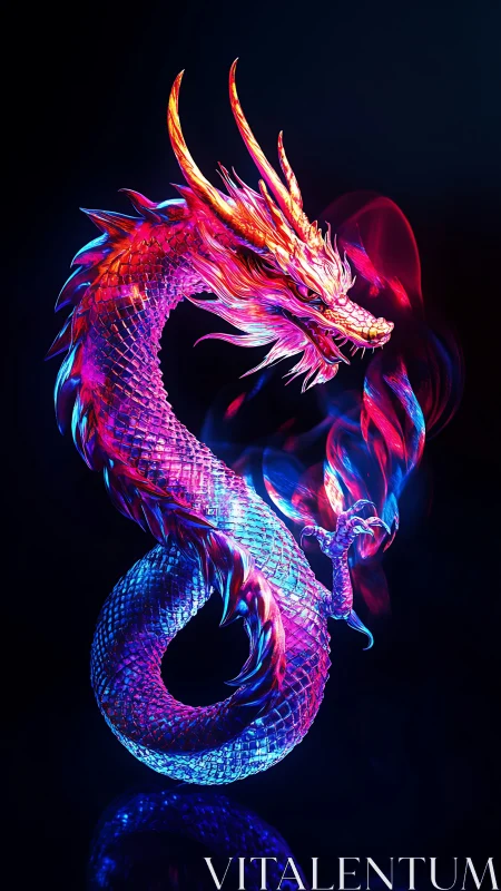 Luminous neon dragon coils in darkness with ethereal flame