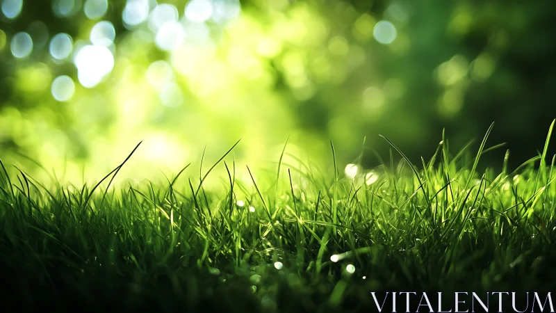 Fresh green grass in sunlight with soft bokeh, nature background.