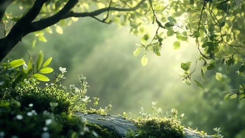 Sunlit Forest Glade with Lush Greenery in Soft Focus Style.
