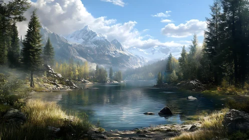 Snowcapped mountains rise over a tranquil forest lake at dawn