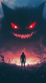 Silhouetted figure confronts giant red-eyed shadow monster.