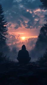 Hooded figure meditating in volumetric fog at chromatic sunrise.