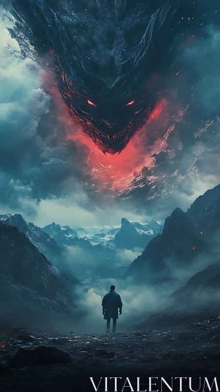 Solitary figure confronts colossal fiery cloud beast overhead