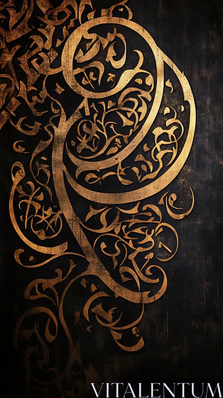 Golden calligraphic tide curls across a midnight wall