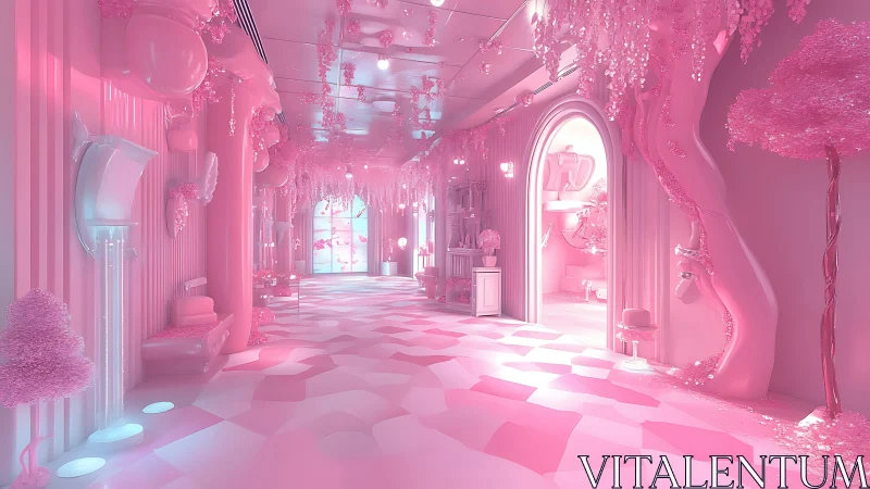 Surreal pink corridor renders dreamy fantasy interior in 3D
