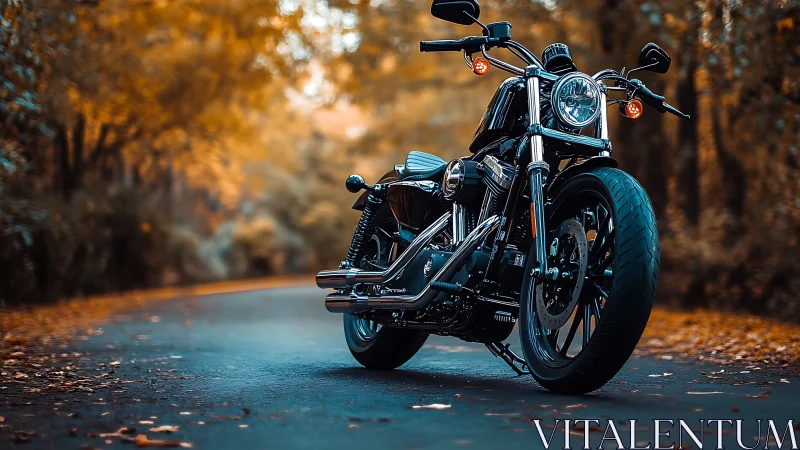 Low-slung cruiser motorcycle on cinematic autumn road.