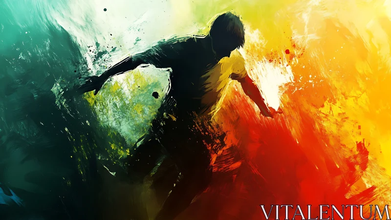 Silhouette of dynamic runner in bold abstract color field.