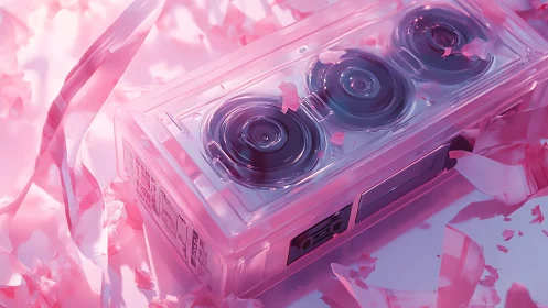 Translucent pink cassette recorder with unwound tape glow.
