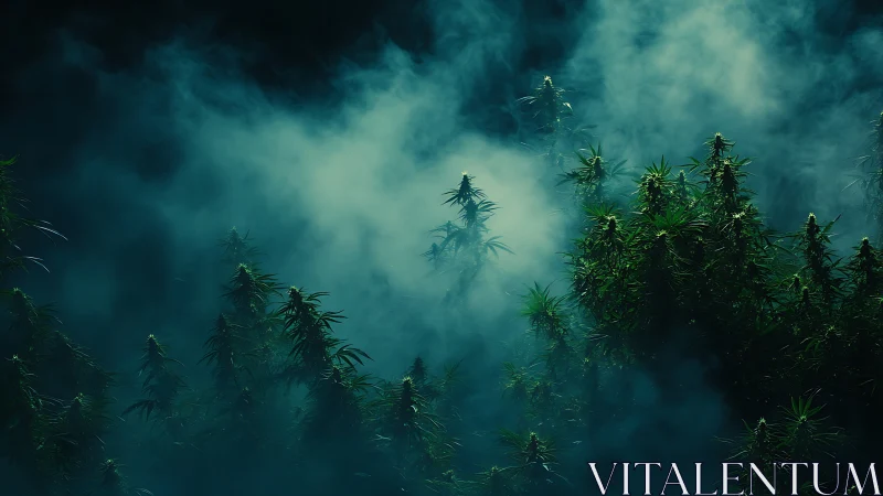 Dense cannabis canopy emerges through atmospheric teal fog
