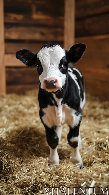 Holstein calf stands alert on fresh straw barn floor.