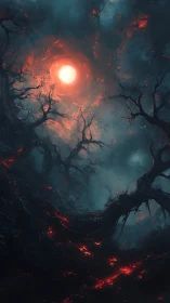 Volcanic infernal forest under burning celestial vortex