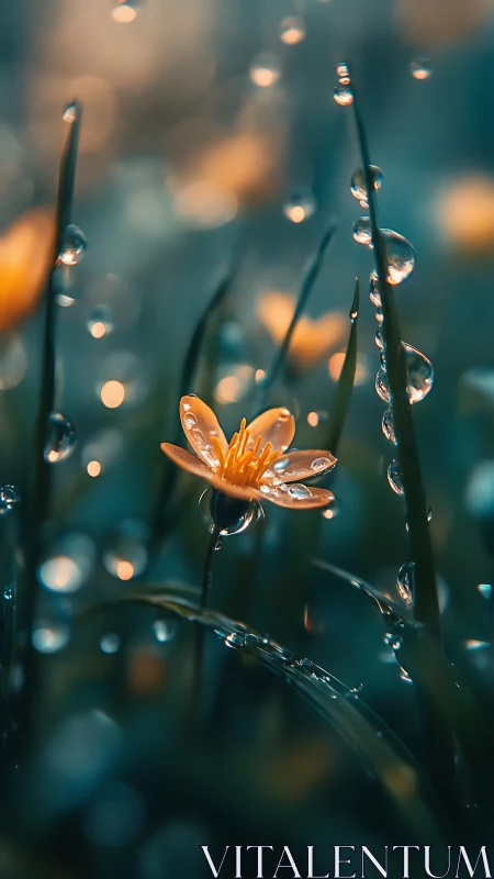 Luminescent yellow wildflower amid dewy teal grasses.