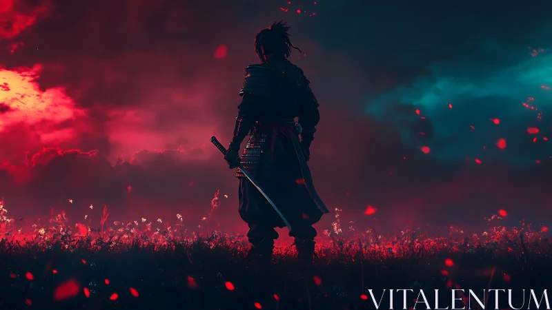 Lone samurai weighs crimson stormlight and silent horizons