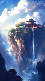 Mountain temple complex crowns a sheer cliff with cascading waterfall