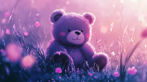 Plush teddy bear sits in purple flower field at sunset