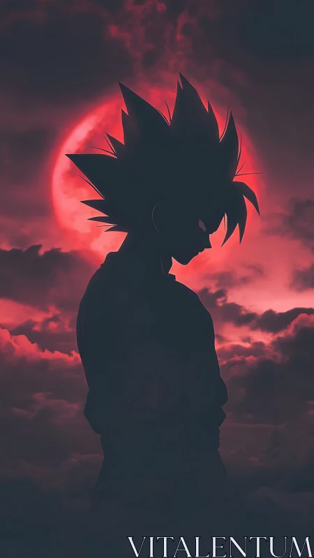 Spiky haired anime silhouette stands before intense red moon