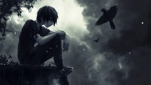 Brooding youth with raven under storm-lit monochrome sky.