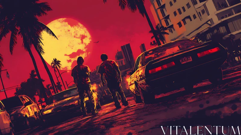 Neon city sunset stroll with muscle cars and tall palms.