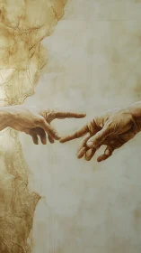 Two realistic hands nearly touching on textured beige wall.