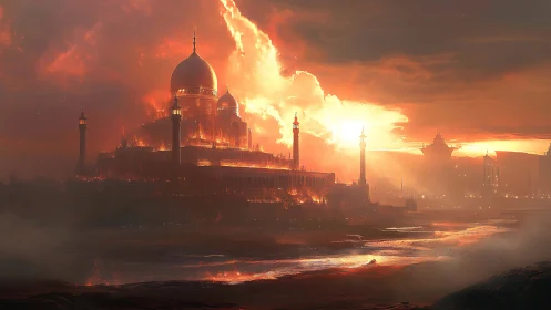 Digital painting of a domed citadel engulfed in infernal light.