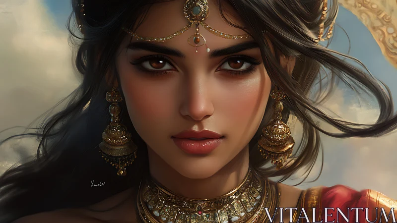 Regal woman in ornate gold jewelry with intense gaze.