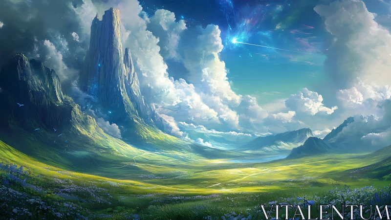 Celestial valley unfolds beneath towering emerald spires.