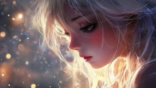 Softly lit anime girl in close-up side profile portrait.