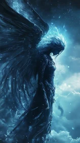 Luminous dark angel descends through swirling astral clouds