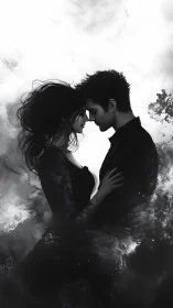 Two figures in silhouette share an intimate moment amid smoke.