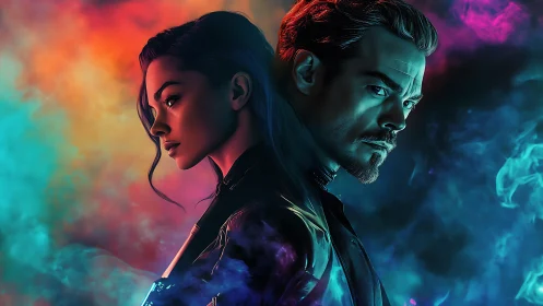 Futuristic duo in neon smoke with contrasting colors.