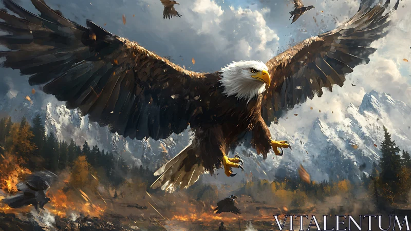 Majestic Bald Eagle in Flight Over Fiery Mountain Landscape, Digital Art.