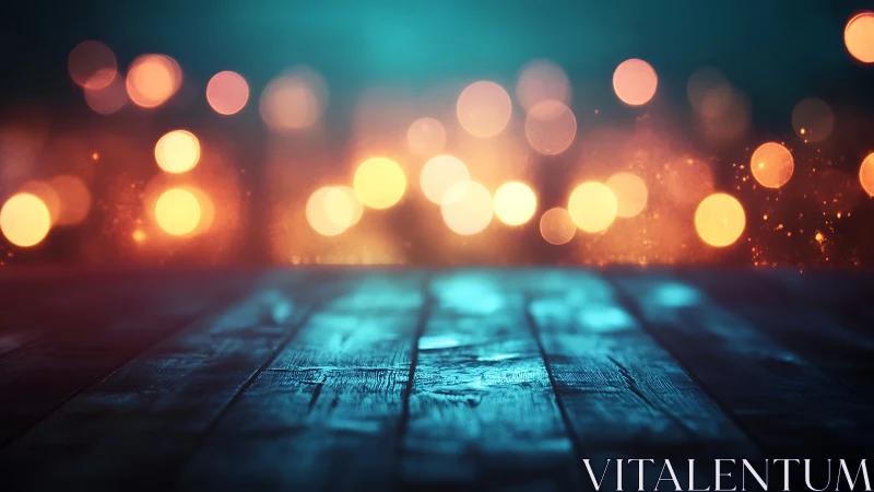 Cozy wooden stage glowing under soft festive bokeh lights.