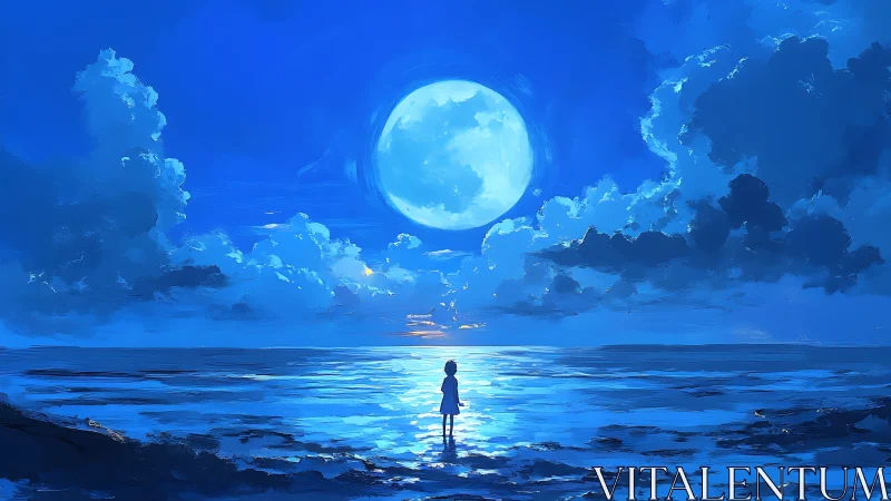 Moon-bathed shoreline crowns a lone dreamer with silver light