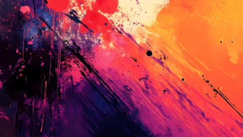 Vibrant abstract paint splatter in warm and bold colors, digital art.