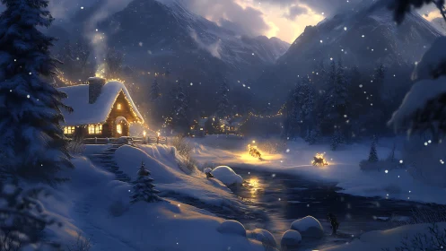 Snowbound valley glows as a riverside cabin gathers winter light