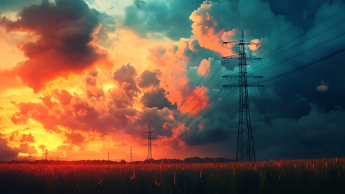 Glowing sunset clouds gently surround quiet power lines tonight
