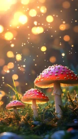 Glowing forest mushrooms under dreamy golden twilight.