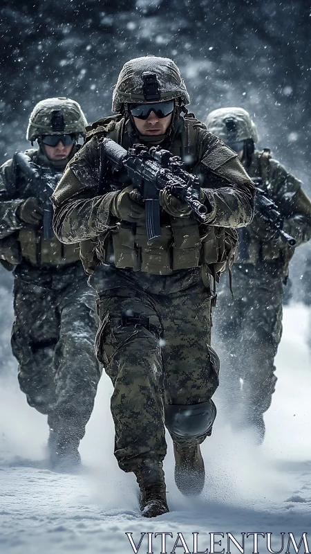 Soldiers advancing through deep snow in full winter gear.