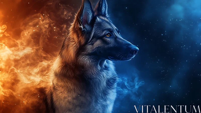 Wolf profile divides fiery orange nebula and cool blue space