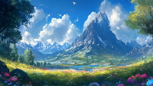 Mountain valley with wildflower meadow under clear sky.