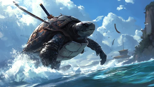 Armored turtle with swords moves through breaking ocean waves