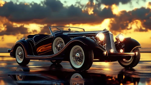 Vintage black roadster under dramatic sunset sky.