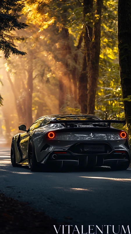 Photorealistic supercar rear on forest road with golden backlight.