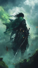 Lone swordsman in stormlit mist with tattered green cloak.