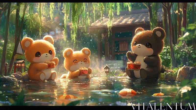 Three cartoon bears share food beside a reflective pond